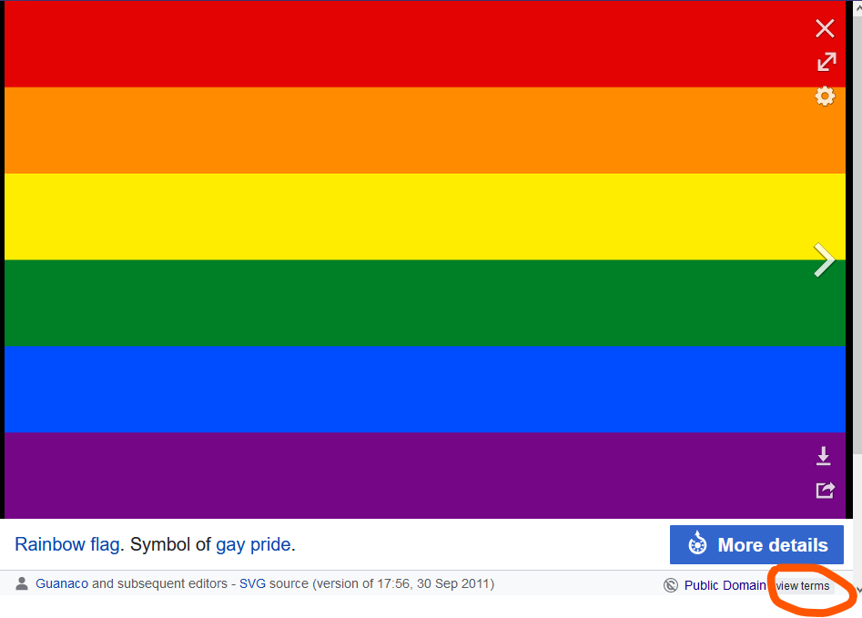 A screenshot of the page resulting from clicking the Wikipedia image, circling the 'view terms' button.